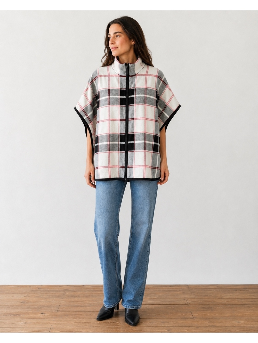 Nicole Miller New York Plaid Zip Front Knit Cape Poncho S/M Gray Red Black